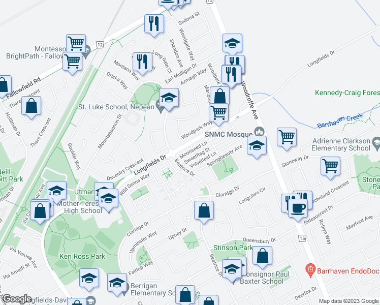 map of restaurants, bars, coffee shops, grocery stores, and more near 351 Sweetflag Street in Ottawa