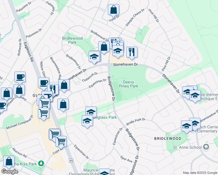 map of restaurants, bars, coffee shops, grocery stores, and more near 231 Bridgestone Drive in Ottawa