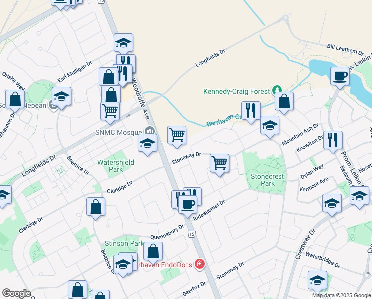map of restaurants, bars, coffee shops, grocery stores, and more near 6 Forest Gate Way in Ottawa