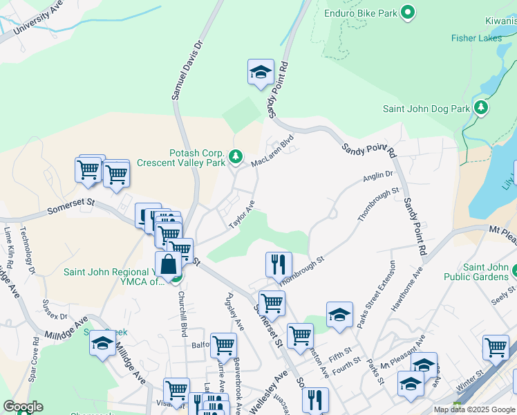 map of restaurants, bars, coffee shops, grocery stores, and more near 134 Taylor Avenue in Saint John