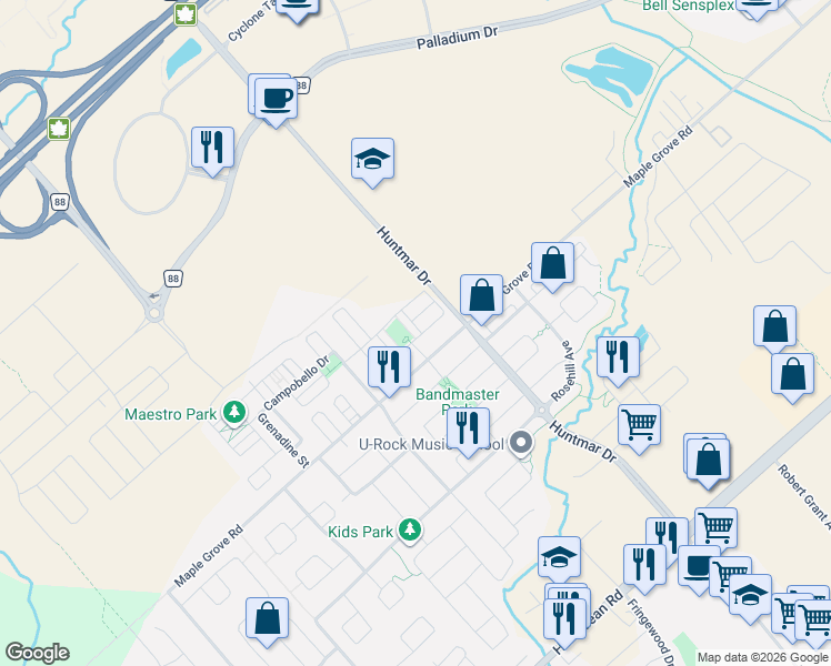 map of restaurants, bars, coffee shops, grocery stores, and more near 400 Santa Anna Lane in Ottawa