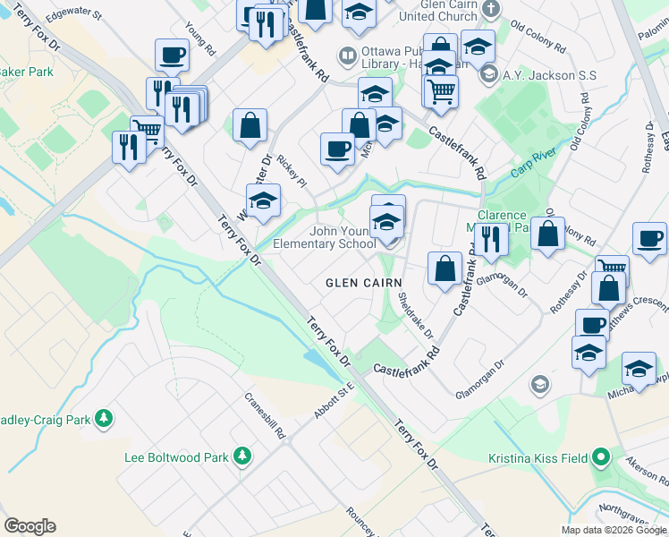 map of restaurants, bars, coffee shops, grocery stores, and more near 283 McElroy Drive in Ottawa