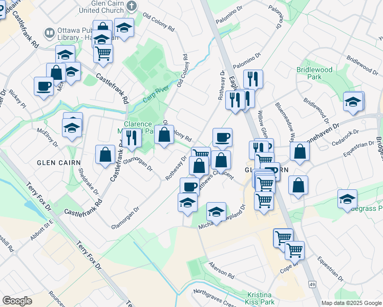map of restaurants, bars, coffee shops, grocery stores, and more near 122 Rothesay Drive in Ottawa