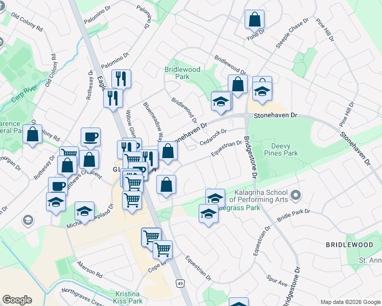 map of restaurants, bars, coffee shops, grocery stores, and more near 10 Stonehill Court in Ottawa