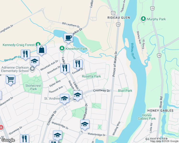 map of restaurants, bars, coffee shops, grocery stores, and more near 43 Coronet Avenue in Ottawa