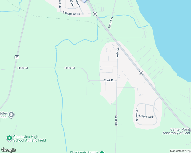 map of restaurants, bars, coffee shops, grocery stores, and more near 13145 Clark Road in Charlevoix