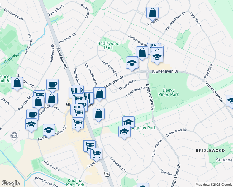 map of restaurants, bars, coffee shops, grocery stores, and more near 8 Stonehill Court in Ottawa