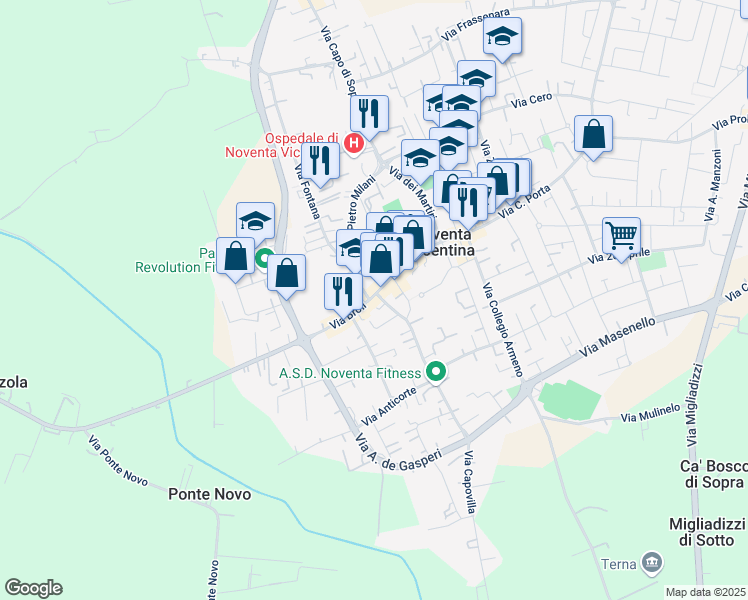 map of restaurants, bars, coffee shops, grocery stores, and more near 2 Via Roma in Noventa Vicentina