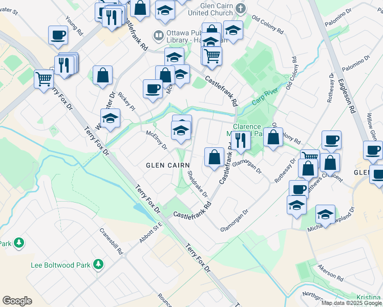 map of restaurants, bars, coffee shops, grocery stores, and more near Sheldrake Drive in Ottawa