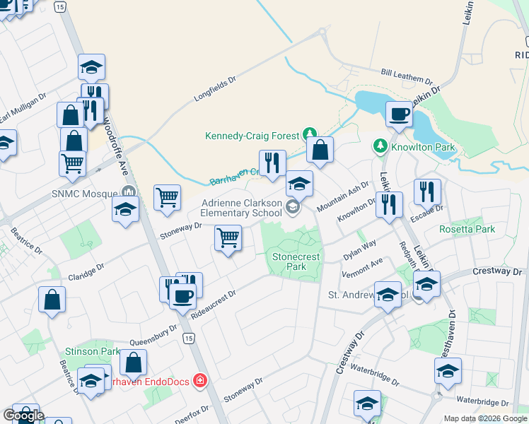 map of restaurants, bars, coffee shops, grocery stores, and more near 143 Stoneway Drive in Ottawa
