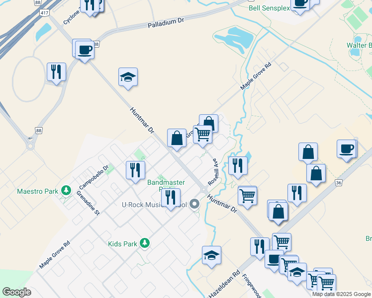 map of restaurants, bars, coffee shops, grocery stores, and more near 121 Harmattan Avenue in Ottawa