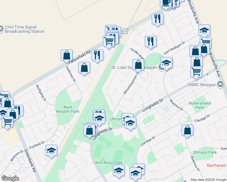 map of restaurants, bars, coffee shops, grocery stores, and more near 11 Saffron Court in Ottawa
