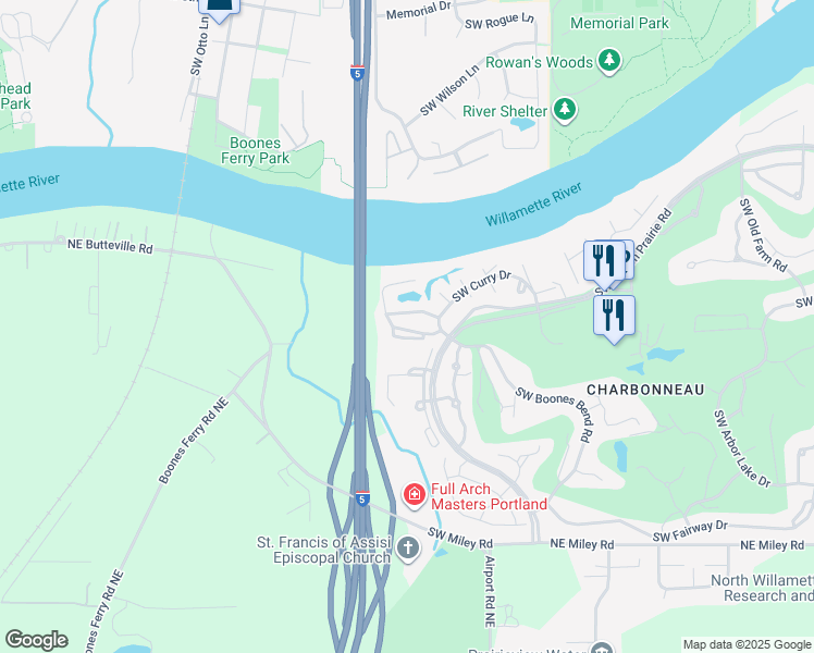 map of restaurants, bars, coffee shops, grocery stores, and more near 8773 Southwest Illahee Court in Wilsonville