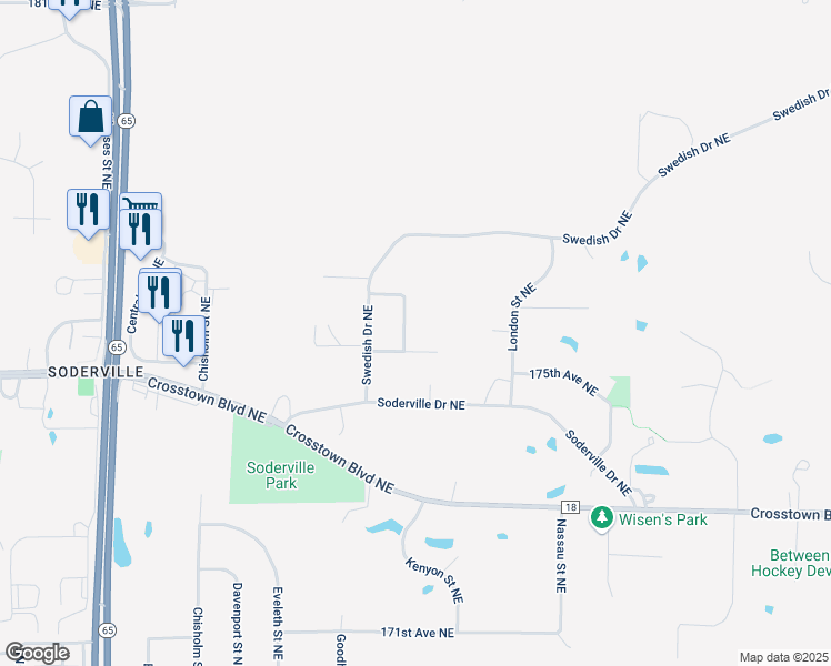map of restaurants, bars, coffee shops, grocery stores, and more near 17545 Isanti Street Northeast in Ham Lake
