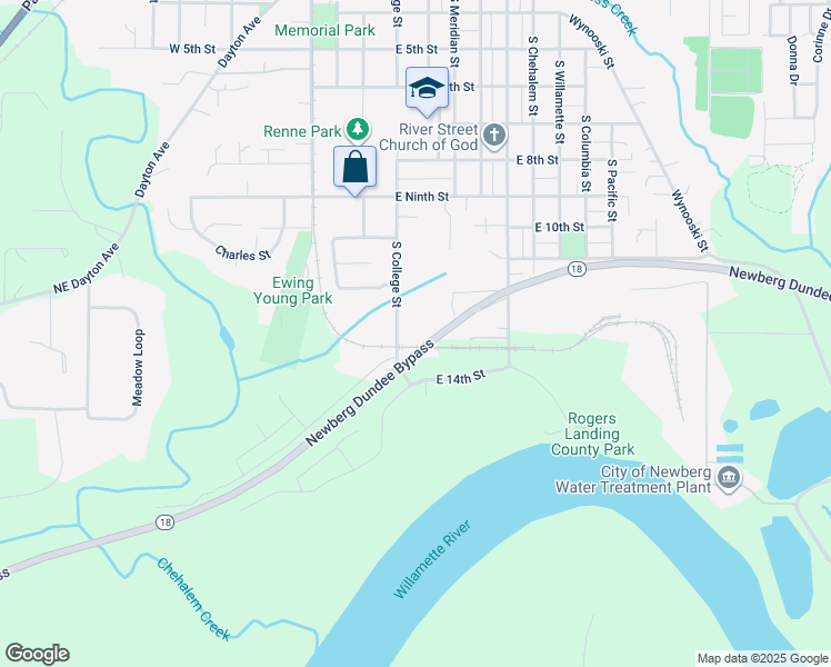map of restaurants, bars, coffee shops, grocery stores, and more near 1210 South College Street in Newberg