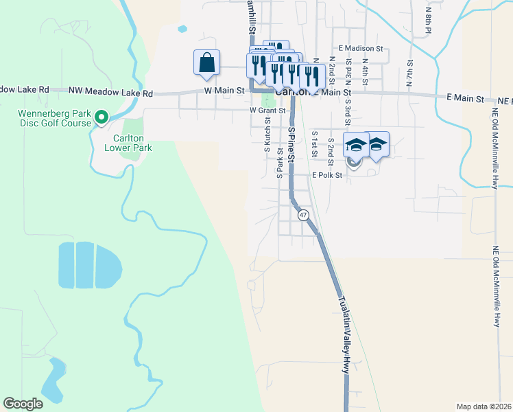 map of restaurants, bars, coffee shops, grocery stores, and more near 801 South Park Street in Carlton