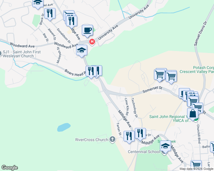 map of restaurants, bars, coffee shops, grocery stores, and more near 1200 Somerset Street in Saint John