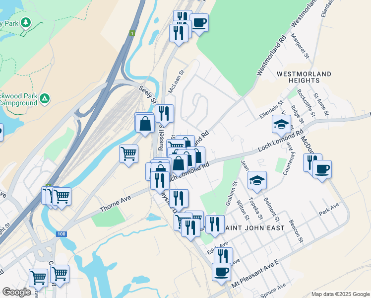 map of restaurants, bars, coffee shops, grocery stores, and more near 40 Westmorland Road in Saint John