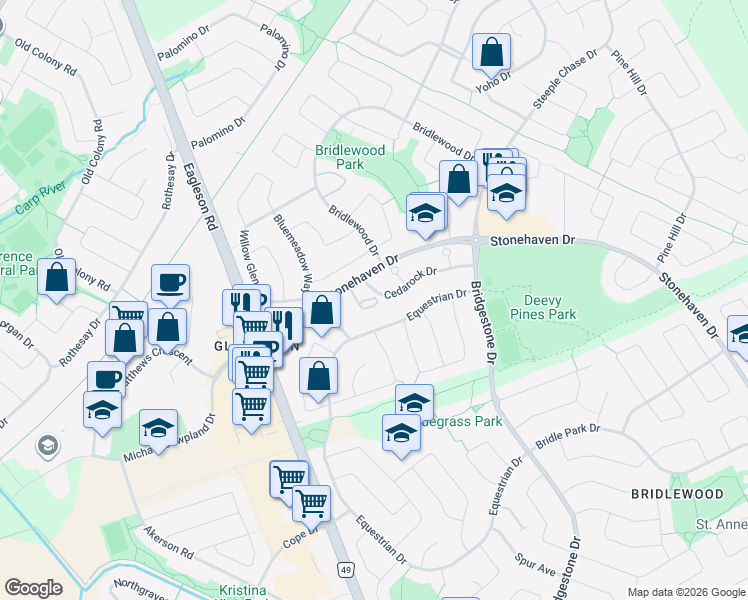 map of restaurants, bars, coffee shops, grocery stores, and more near 19 Cedarock Drive in Ottawa