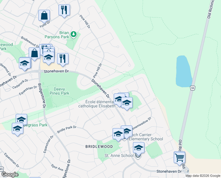 map of restaurants, bars, coffee shops, grocery stores, and more near 45 Birchbank Crescent in Ottawa