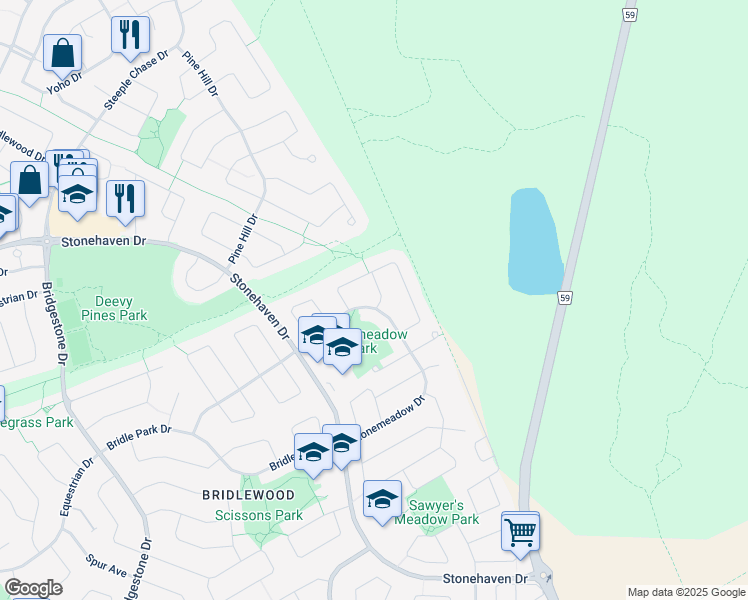 map of restaurants, bars, coffee shops, grocery stores, and more near 69 Stonemeadow Drive in Ottawa
