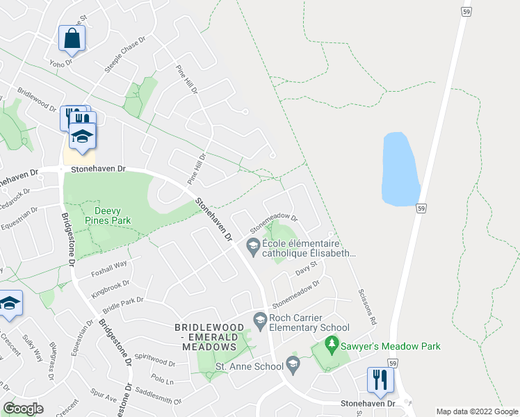 map of restaurants, bars, coffee shops, grocery stores, and more near 13 Springcreek Crescent in Ottawa