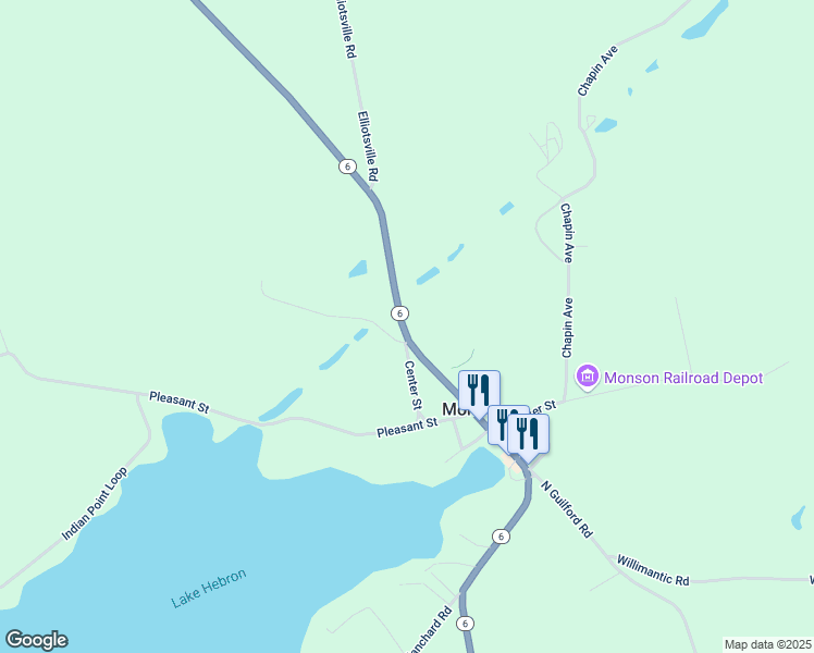 map of restaurants, bars, coffee shops, grocery stores, and more near 15 Center Street in Monson
