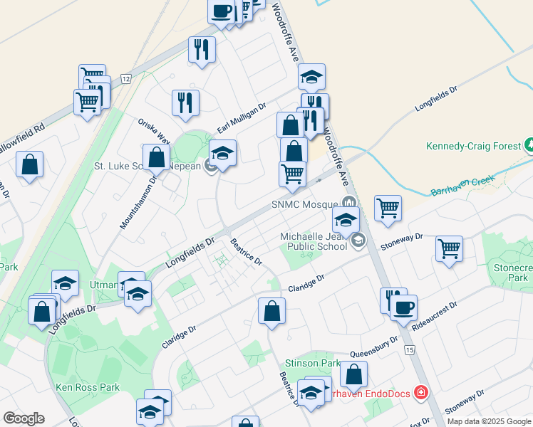 map of restaurants, bars, coffee shops, grocery stores, and more near 234 Longfields Drive in Ottawa