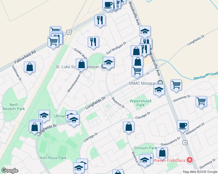 map of restaurants, bars, coffee shops, grocery stores, and more near 19 Mountshannon Drive in Ottawa