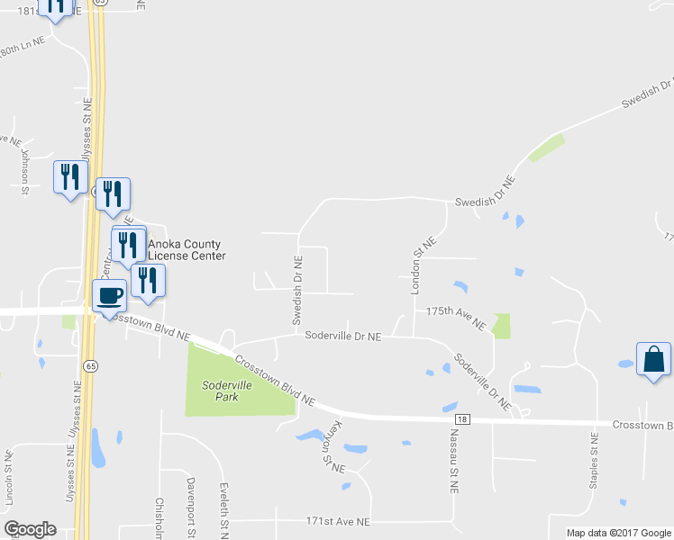 map of restaurants, bars, coffee shops, grocery stores, and more near 17545 Isanti Street Northeast in Ham Lake