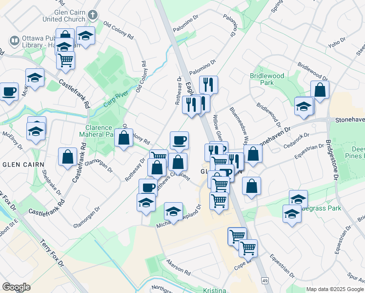 map of restaurants, bars, coffee shops, grocery stores, and more near 85 Denzil Doyle Court in Ottawa