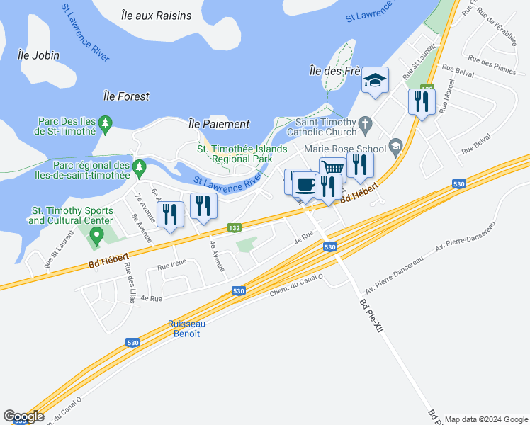 map of restaurants, bars, coffee shops, grocery stores, and more near 5263 Boulevard Hébert in Salaberry-de-Valleyfield