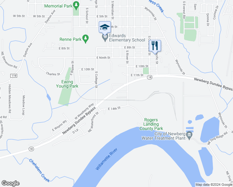 map of restaurants, bars, coffee shops, grocery stores, and more near 912 East 13th Street in Newberg