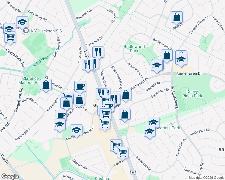 map of restaurants, bars, coffee shops, grocery stores, and more near 12 Willow Glen Drive in Ottawa