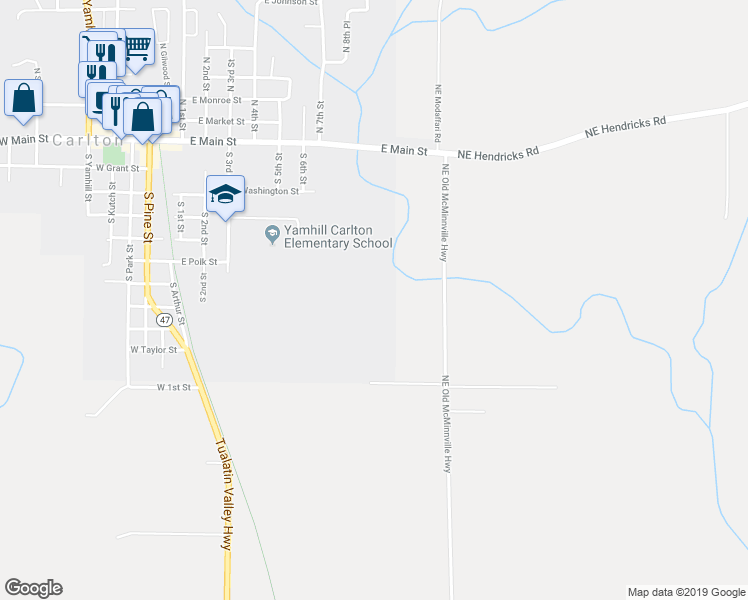 map of restaurants, bars, coffee shops, grocery stores, and more near 10215 Northeast Old McMinnville Highway in Carlton