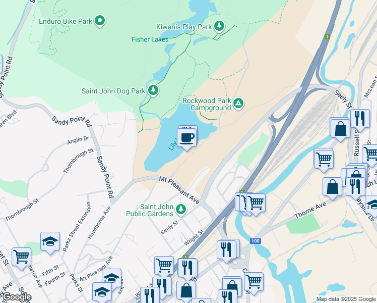 map of restaurants, bars, coffee shops, grocery stores, and more near 55 Lake Drive South in Saint John