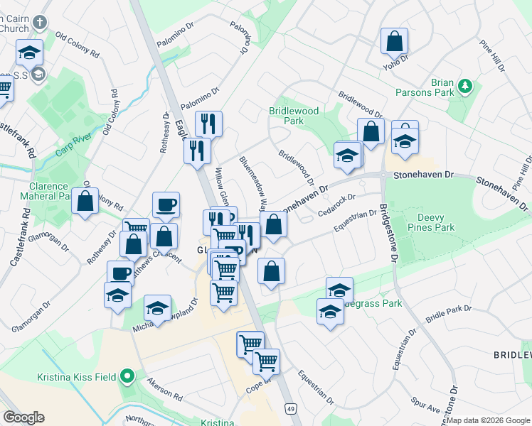 map of restaurants, bars, coffee shops, grocery stores, and more near 4 Bluemeadow Way in Ottawa