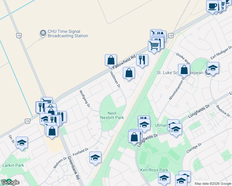 map of restaurants, bars, coffee shops, grocery stores, and more near 152 Foxfield Drive in Ottawa