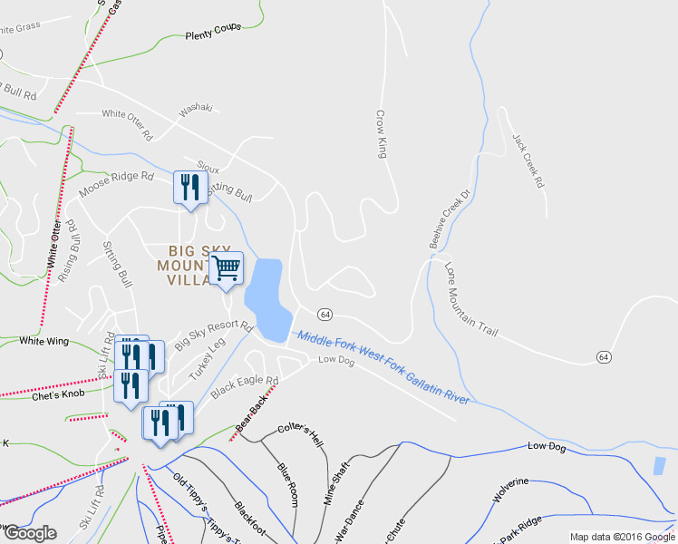 map of restaurants, bars, coffee shops, grocery stores, and more near Heavy Runner Road in Big Sky