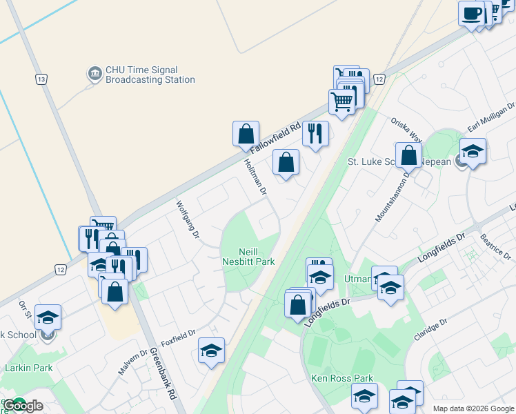 map of restaurants, bars, coffee shops, grocery stores, and more near 152 Foxfield Drive in Ottawa
