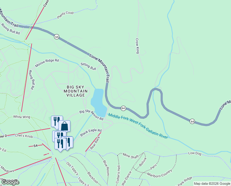 map of restaurants, bars, coffee shops, grocery stores, and more near 1700 Heavy Runner Road in Big Sky