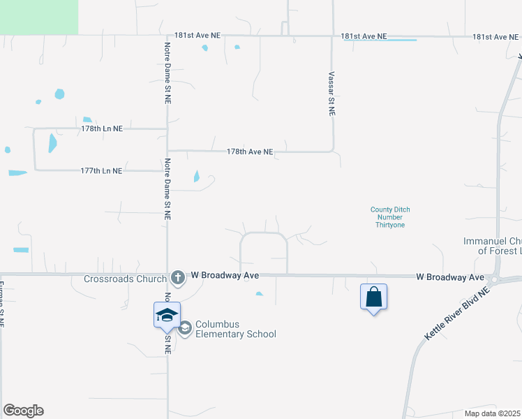 map of restaurants, bars, coffee shops, grocery stores, and more near 8823 176th Avenue Northeast in Forest Lake