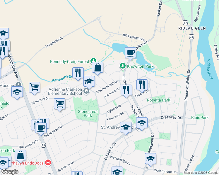 map of restaurants, bars, coffee shops, grocery stores, and more near 30 Mountain Ash Drive in Ottawa