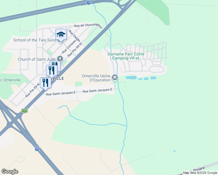 map of restaurants, bars, coffee shops, grocery stores, and more near 351 Rue Saint-Jacques Est in Magog