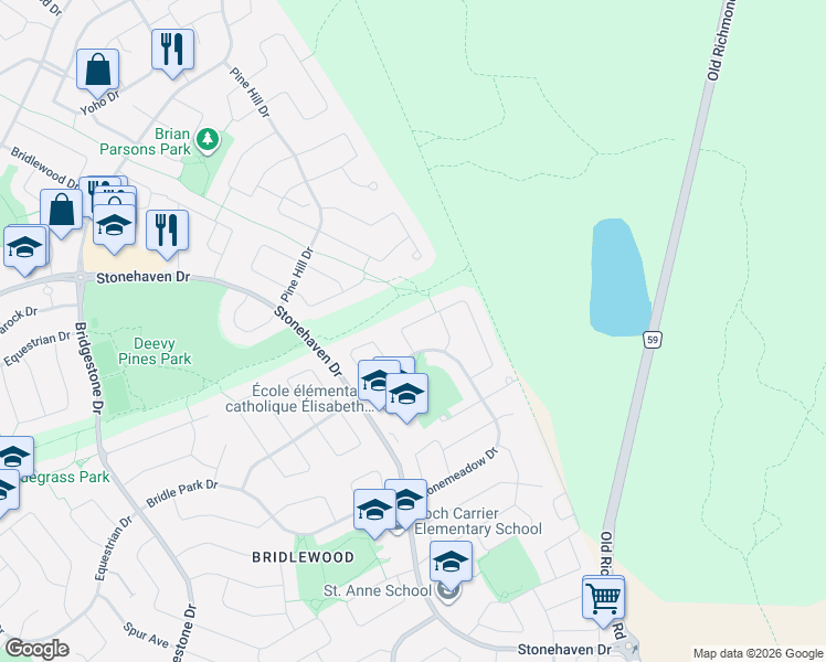 map of restaurants, bars, coffee shops, grocery stores, and more near 38 Springcreek Crescent in Ottawa