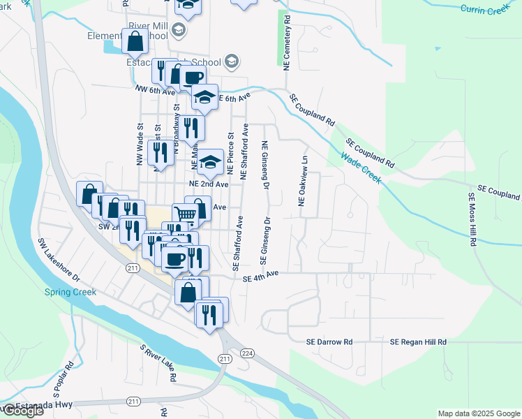map of restaurants, bars, coffee shops, grocery stores, and more near 105 Southeast Ginseng Drive in Estacada