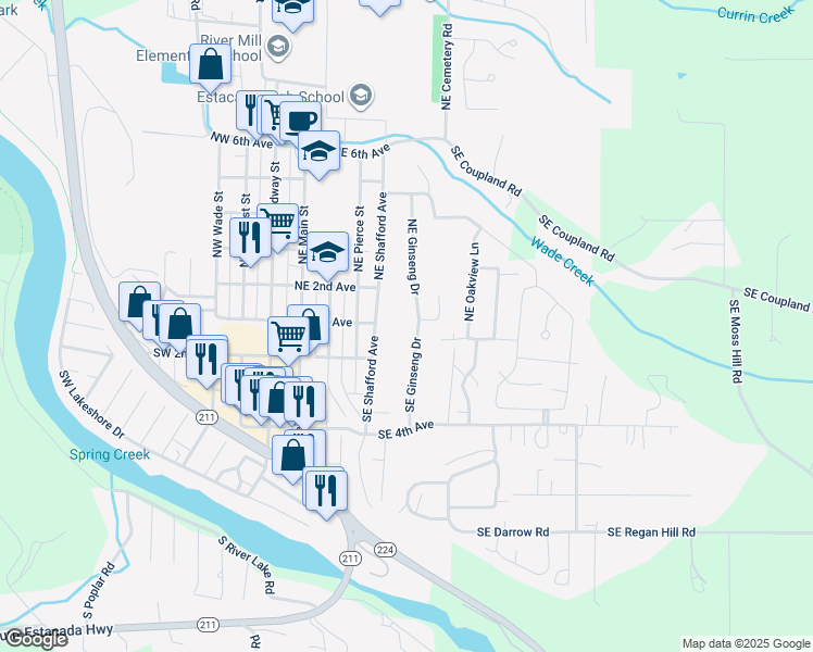 map of restaurants, bars, coffee shops, grocery stores, and more near 105 Southeast Ginseng Drive in Estacada