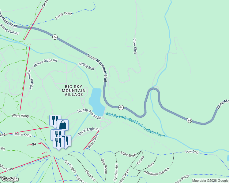 map of restaurants, bars, coffee shops, grocery stores, and more near 1700 Heavy Runner Road in Big Sky