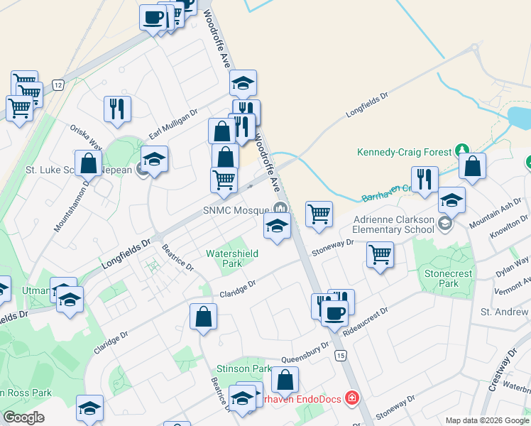 map of restaurants, bars, coffee shops, grocery stores, and more near Tribeca Private in Ottawa