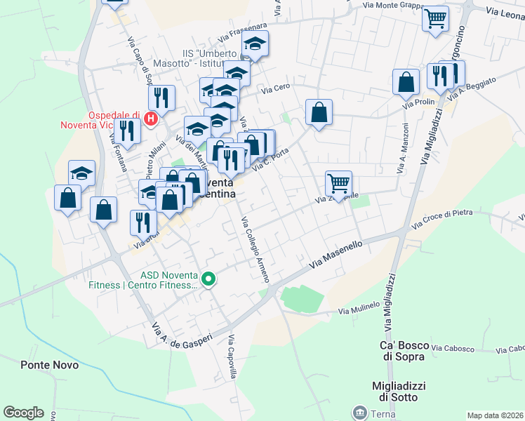 map of restaurants, bars, coffee shops, grocery stores, and more near 16 Via Trieste in Noventa Vicentina